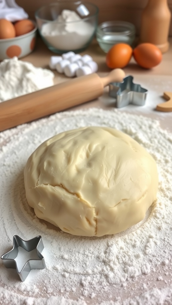 Basic Flour Dough Recipe A ball of flour dough on a floured surface with baking tools and ingredients in the background.
